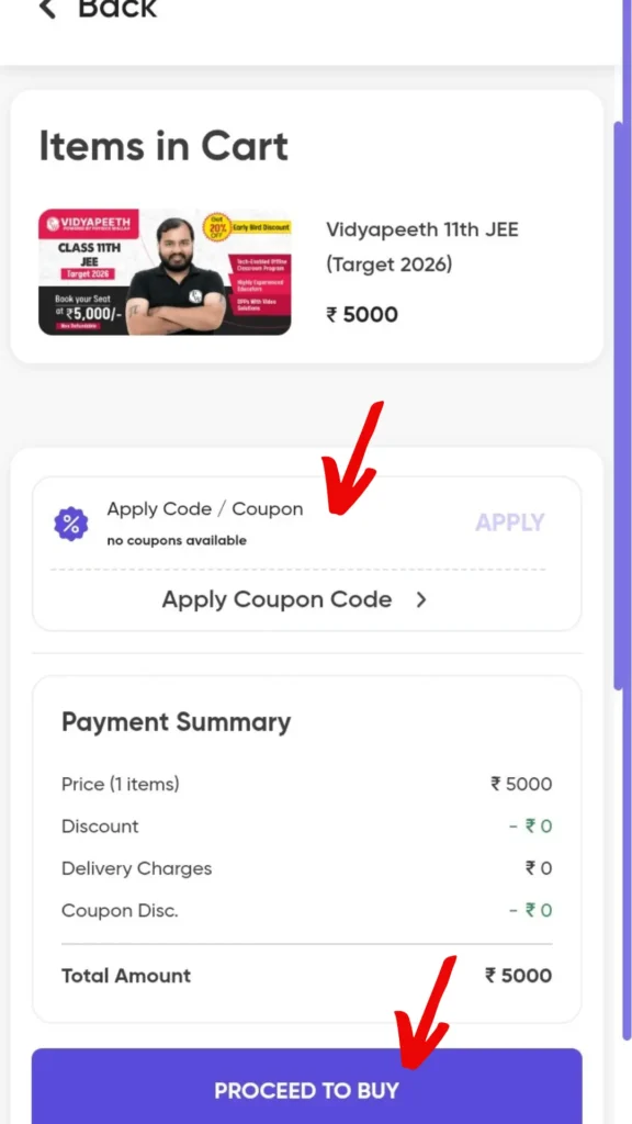 PW Vidyapeeth Coupon Code payment 